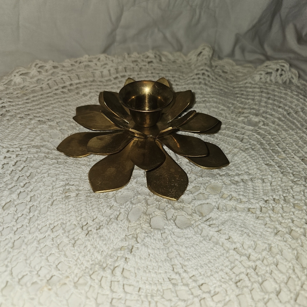 Solid Brass Lotus Leaf Candlestick Holder - Flower - Bohemian - Cottage core